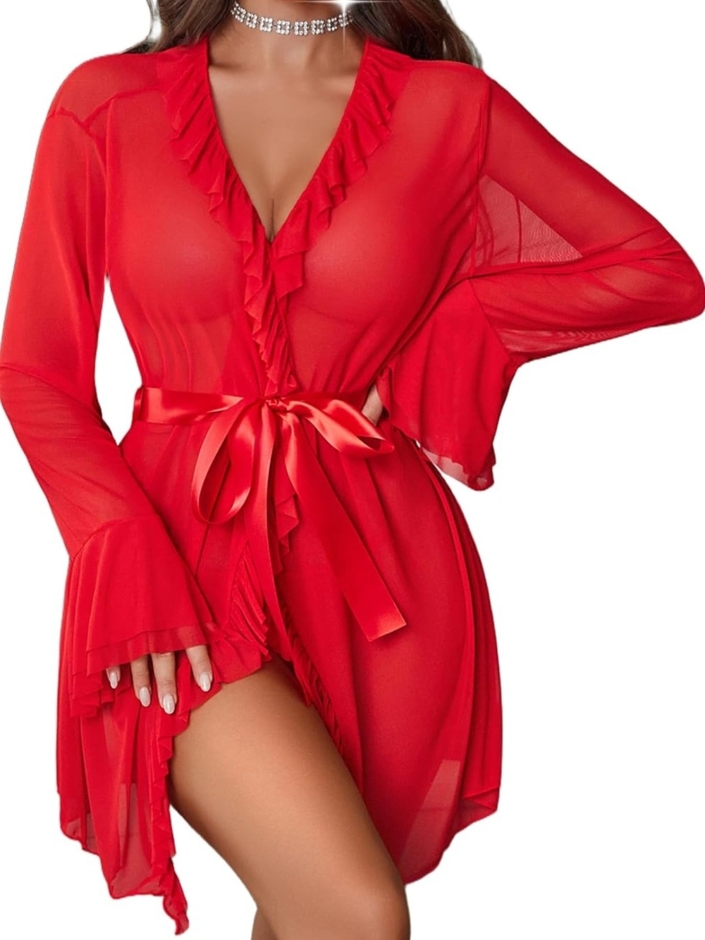 Sheer Ruffle Tie-Waist Robe and THONG - Red